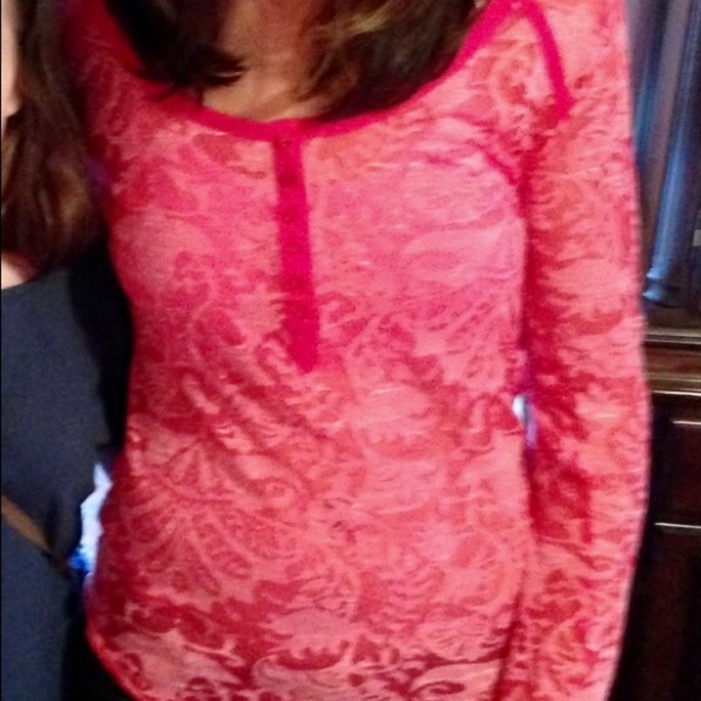 Free People Fuchsia Sheer Long-Sleeve Henley Top